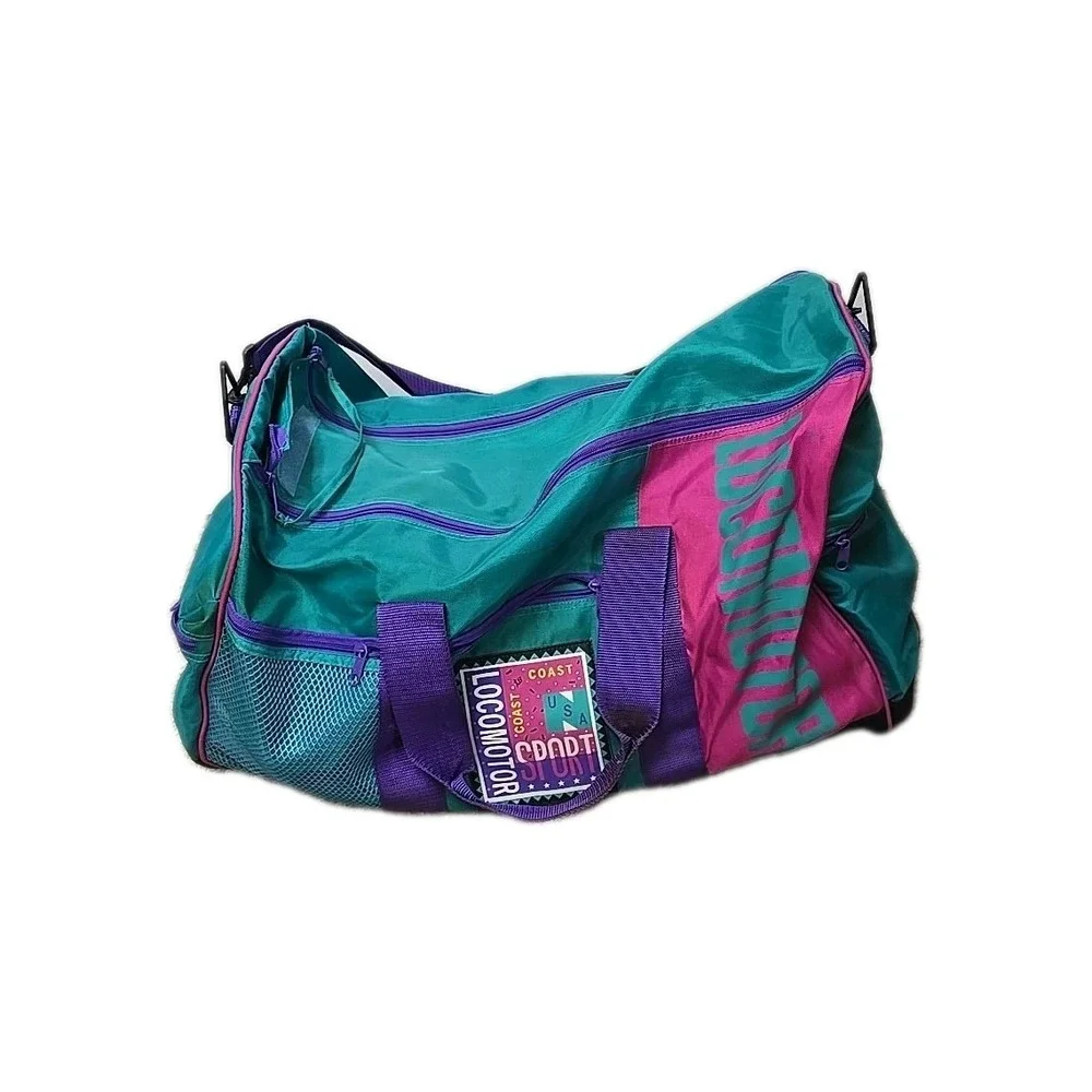 Vintage 90s Locomotor Sport Duffle Bag Teal Pink Purple Retro Gym Travel Luggage